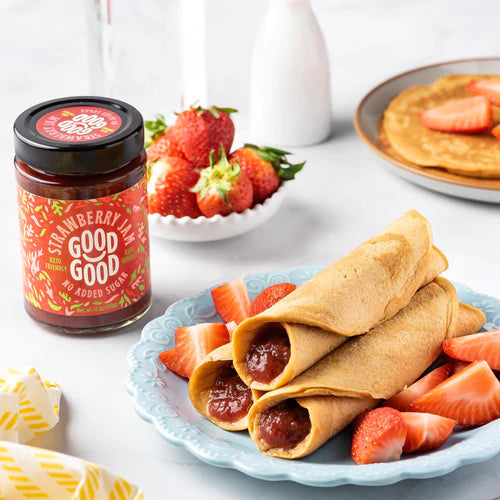 pancake roll ups with good good strawberry jam